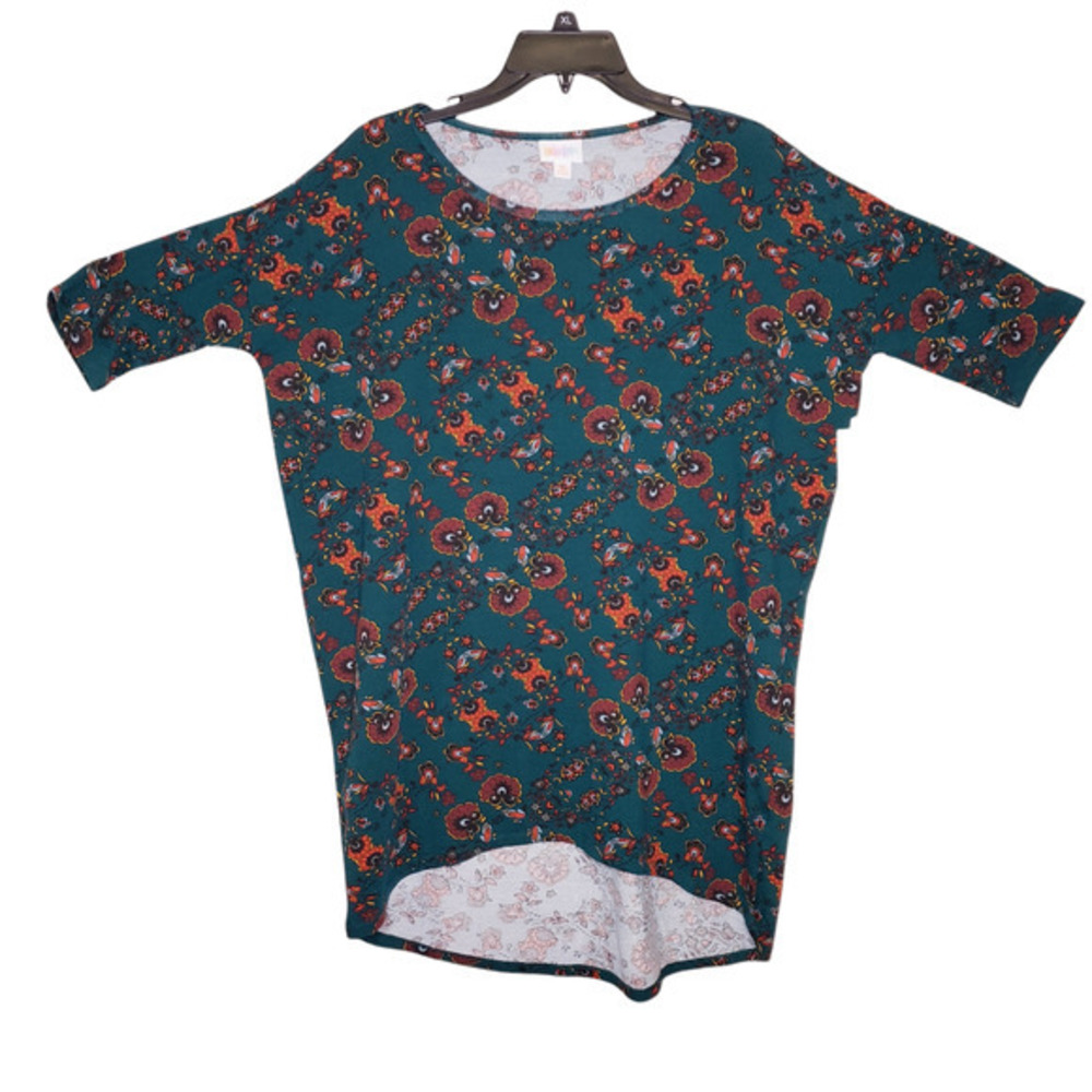 New LuLaRoe Irma Loose Knit High Low Tunic‎ Top Size XS Dark Teal Blue Floral